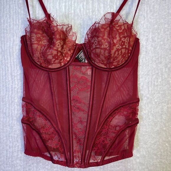 Victoria’s Secret Red Mesh Lace Satin Bustier Corset Top Size 34B NWT - Picture 2 of 7